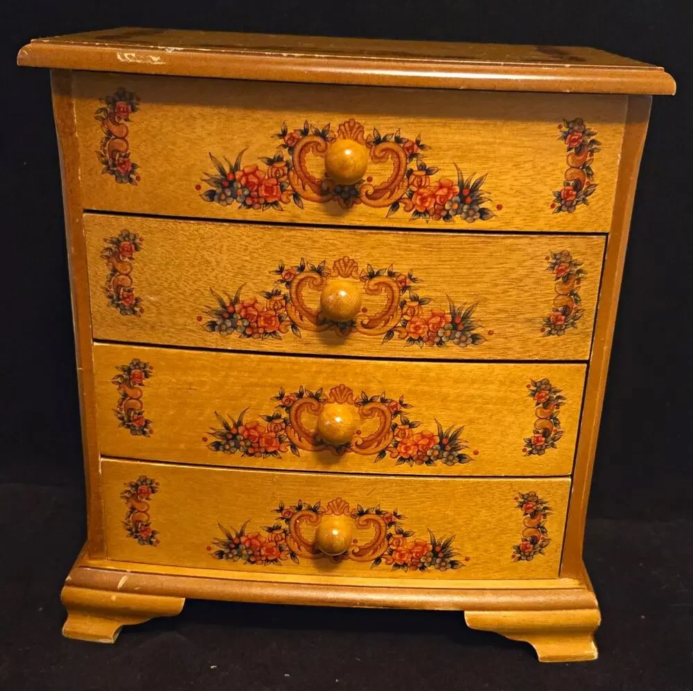 Vintage Wood Dresser Style Jewelry Box 4 Drawer Floral Painted, Cottagecore